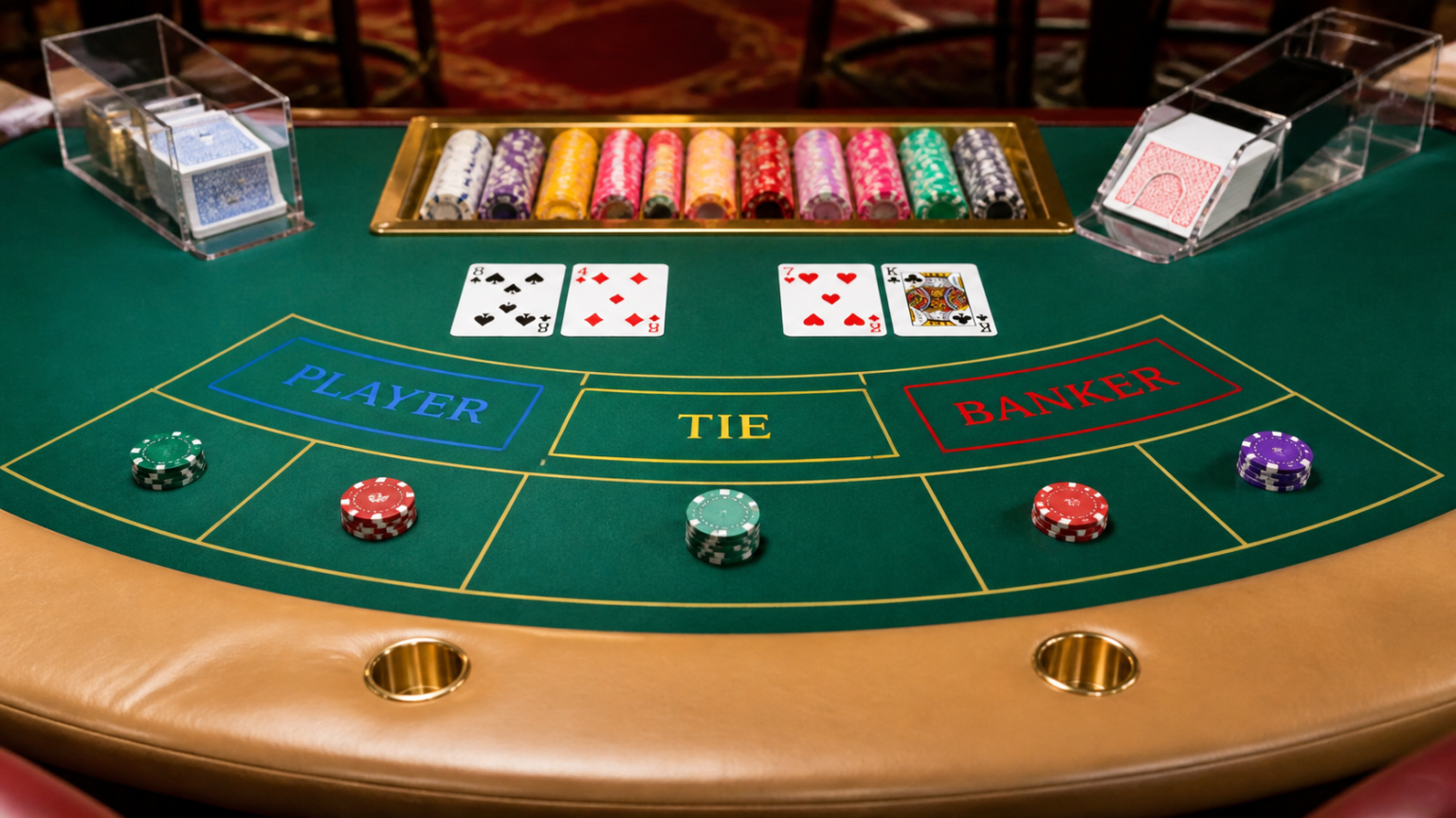 Bàn baccarat với bài, chip và các ô cược Người chơi, Nhà cái, Hòa