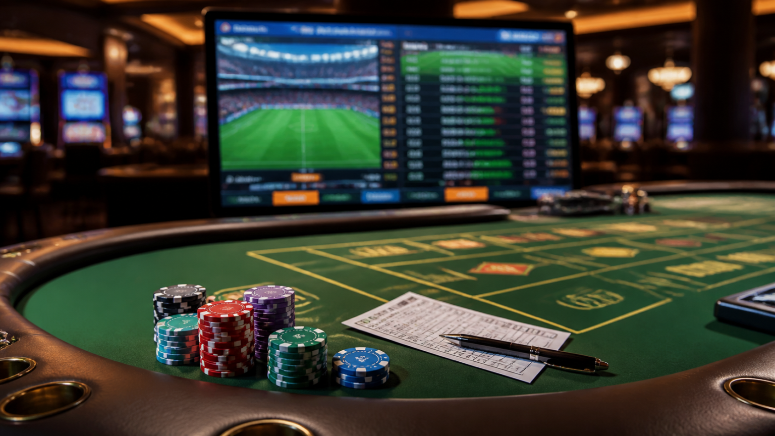 Betting slip and casino chips on a table