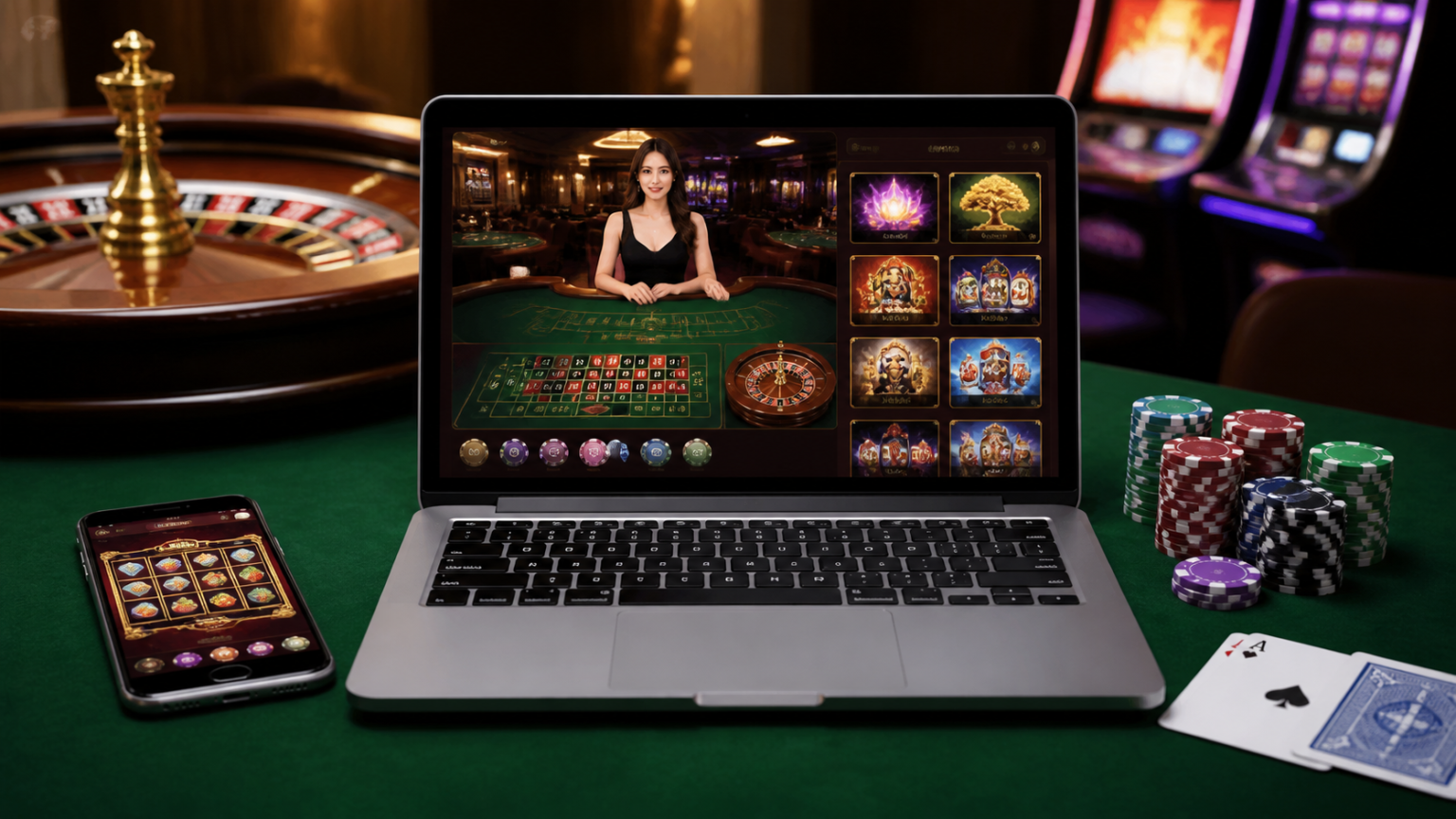 Laptop and phone displaying an online casino interface