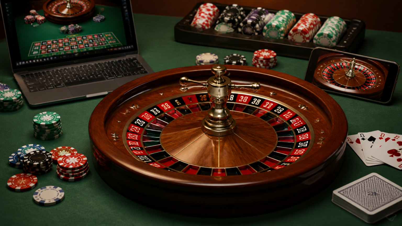 Online casino gaming setup with roulette wheel, cards, and chips