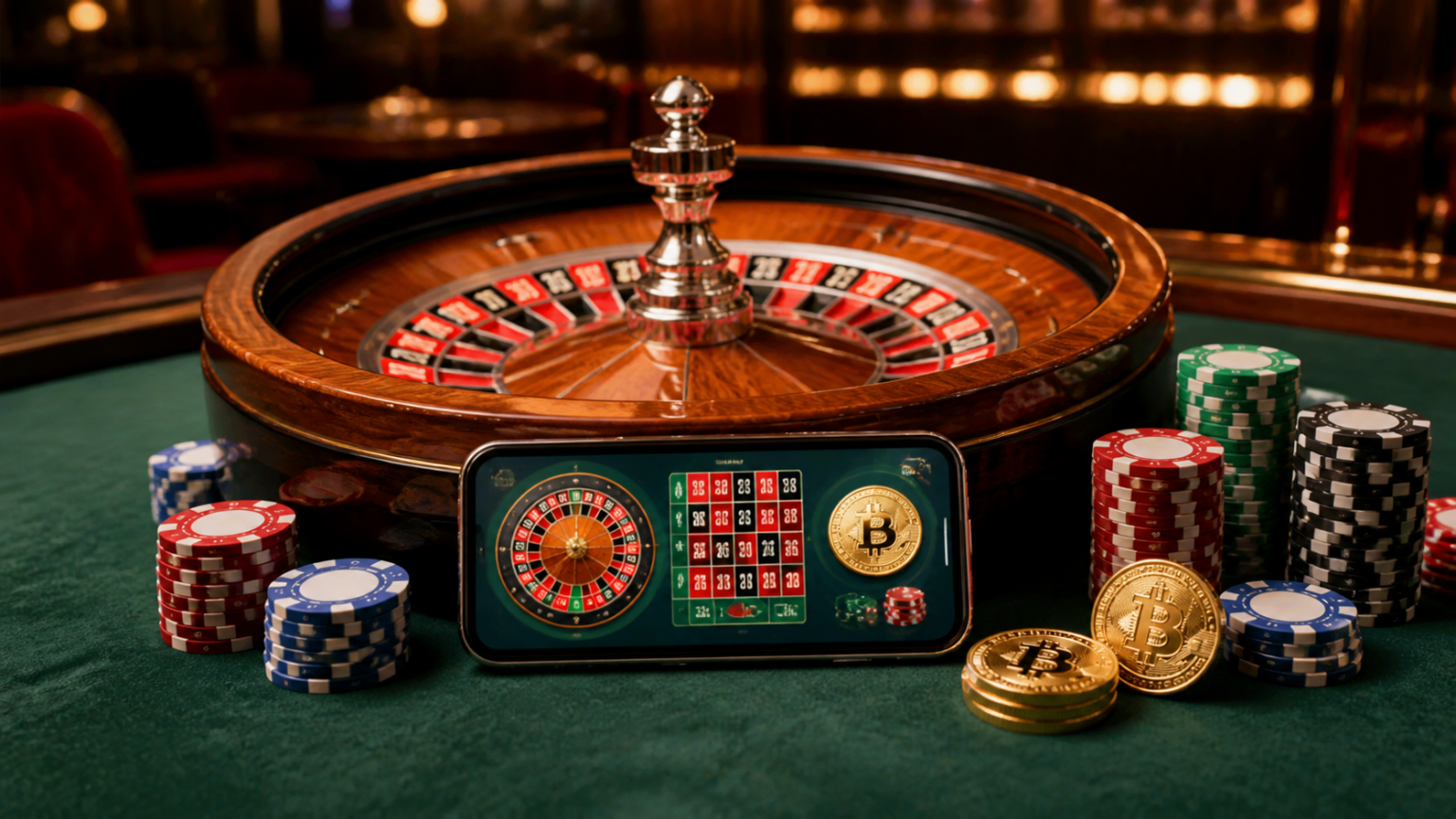 Crypto Casino Online: A Practical Guide for Players A casino gaming table with a phone showing a crypto casino online interface