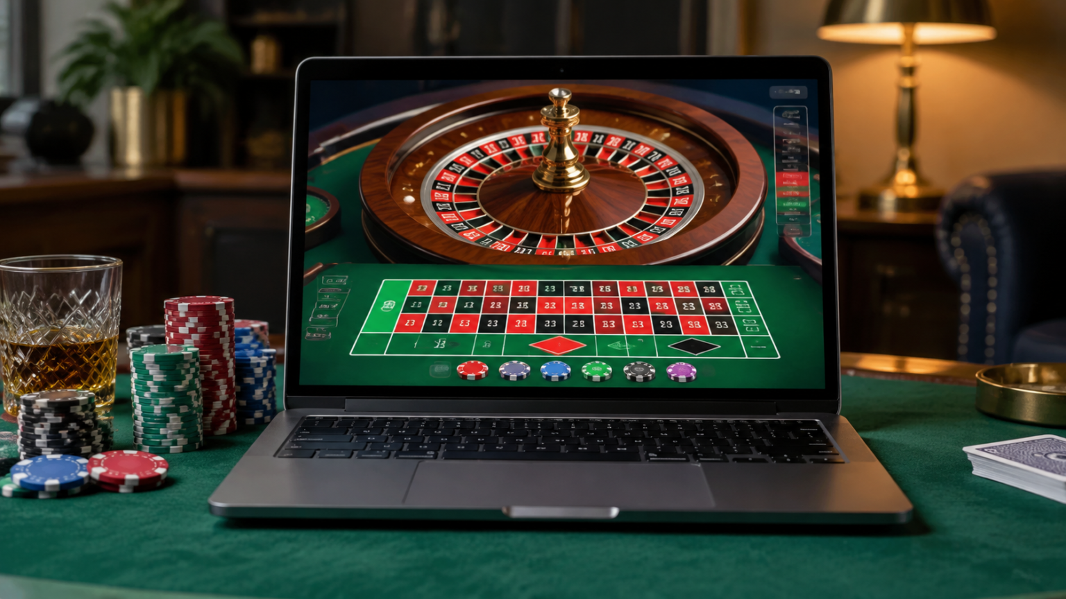 Laptop showing an online casino roulette game with physical casino chips beside the keyboard