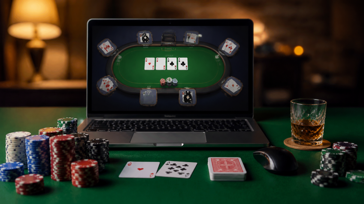 Online poker table with cards, chips, and laptop screen