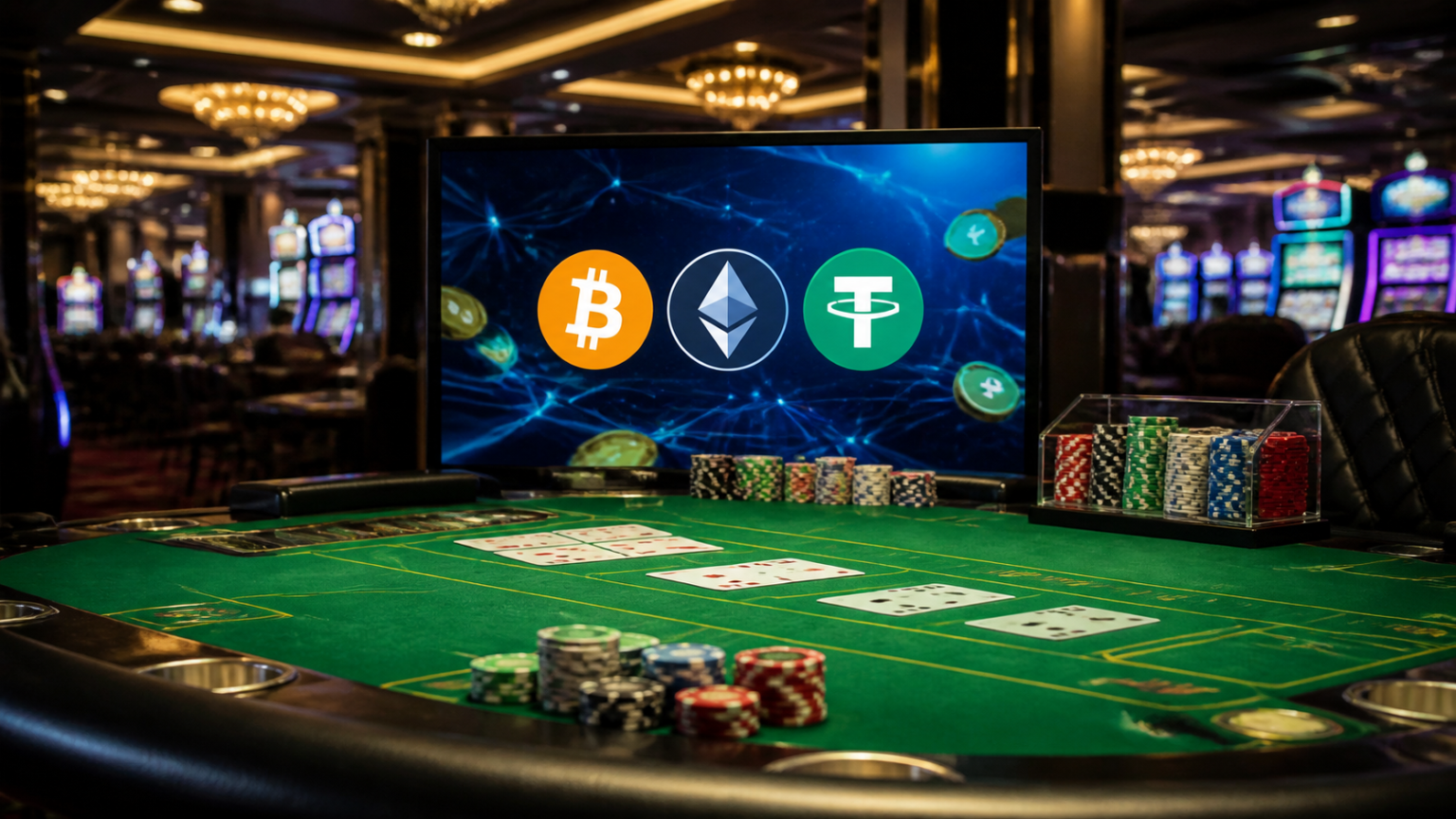 Casino table with cryptocurrency payment interface for online play