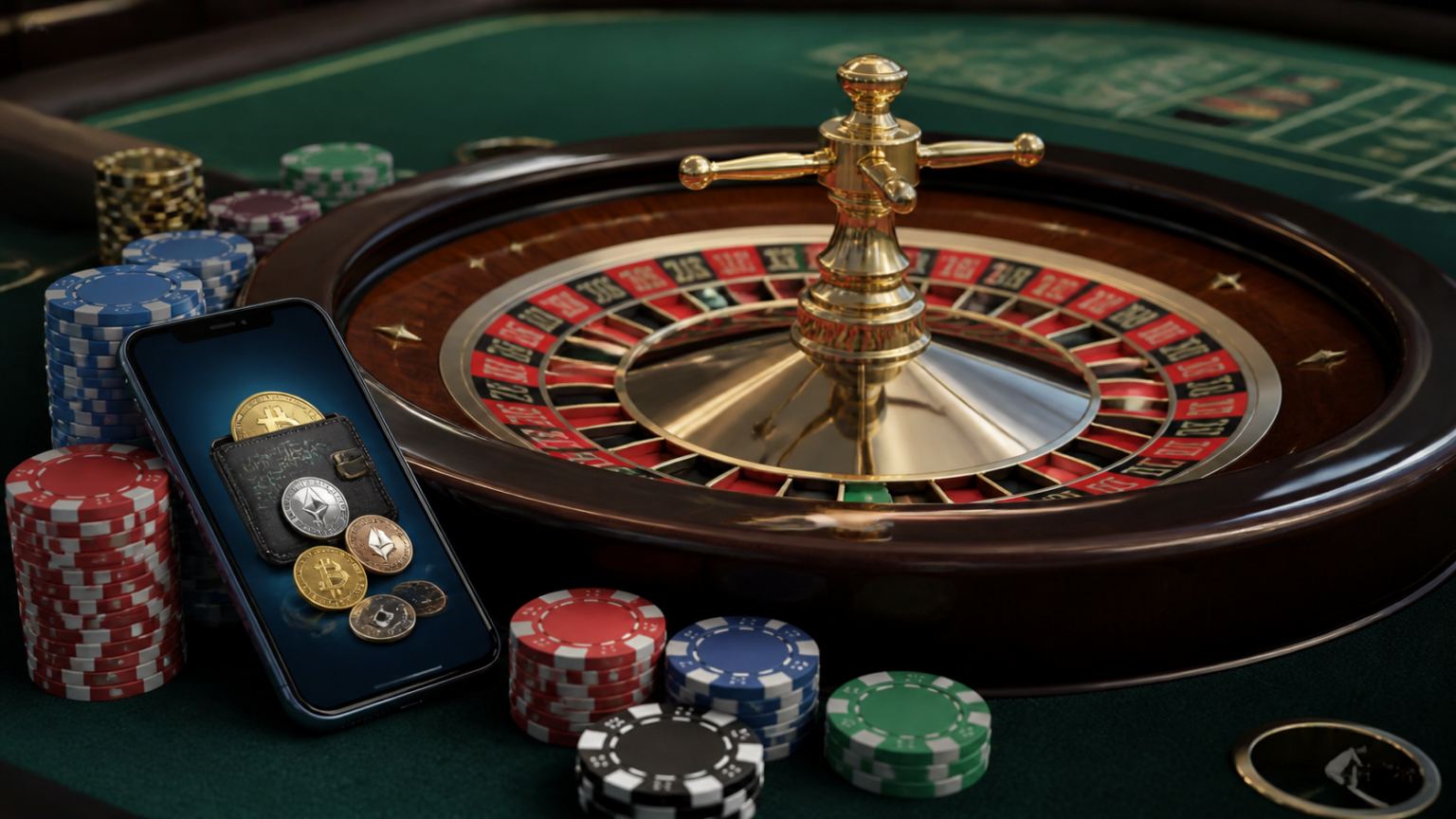 Casino table with crypto wallet on a smartphone