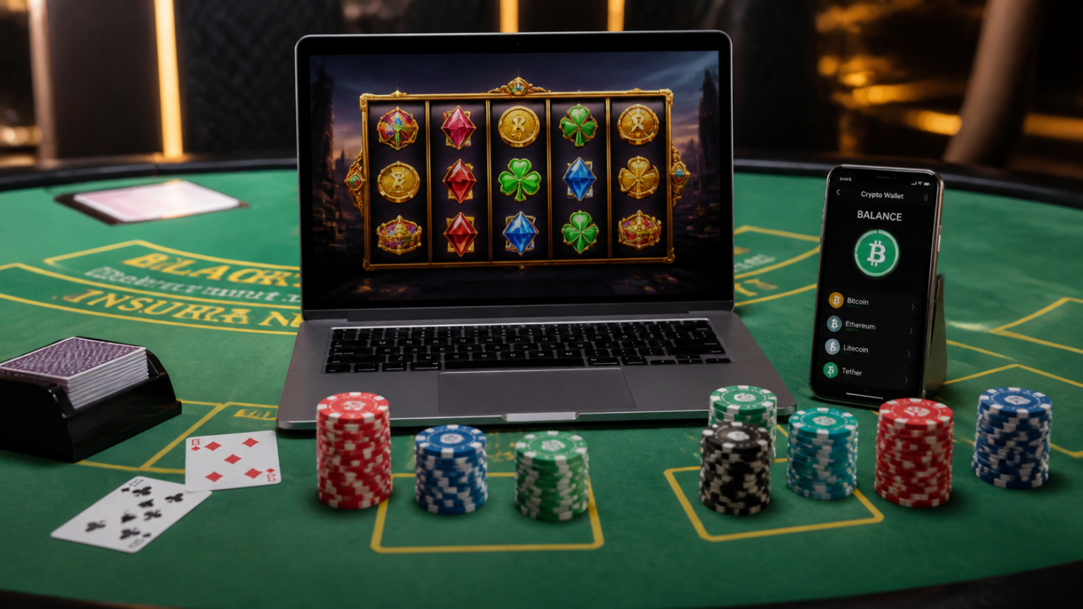 Laptop and phone showing crypto casino play with chips on a table