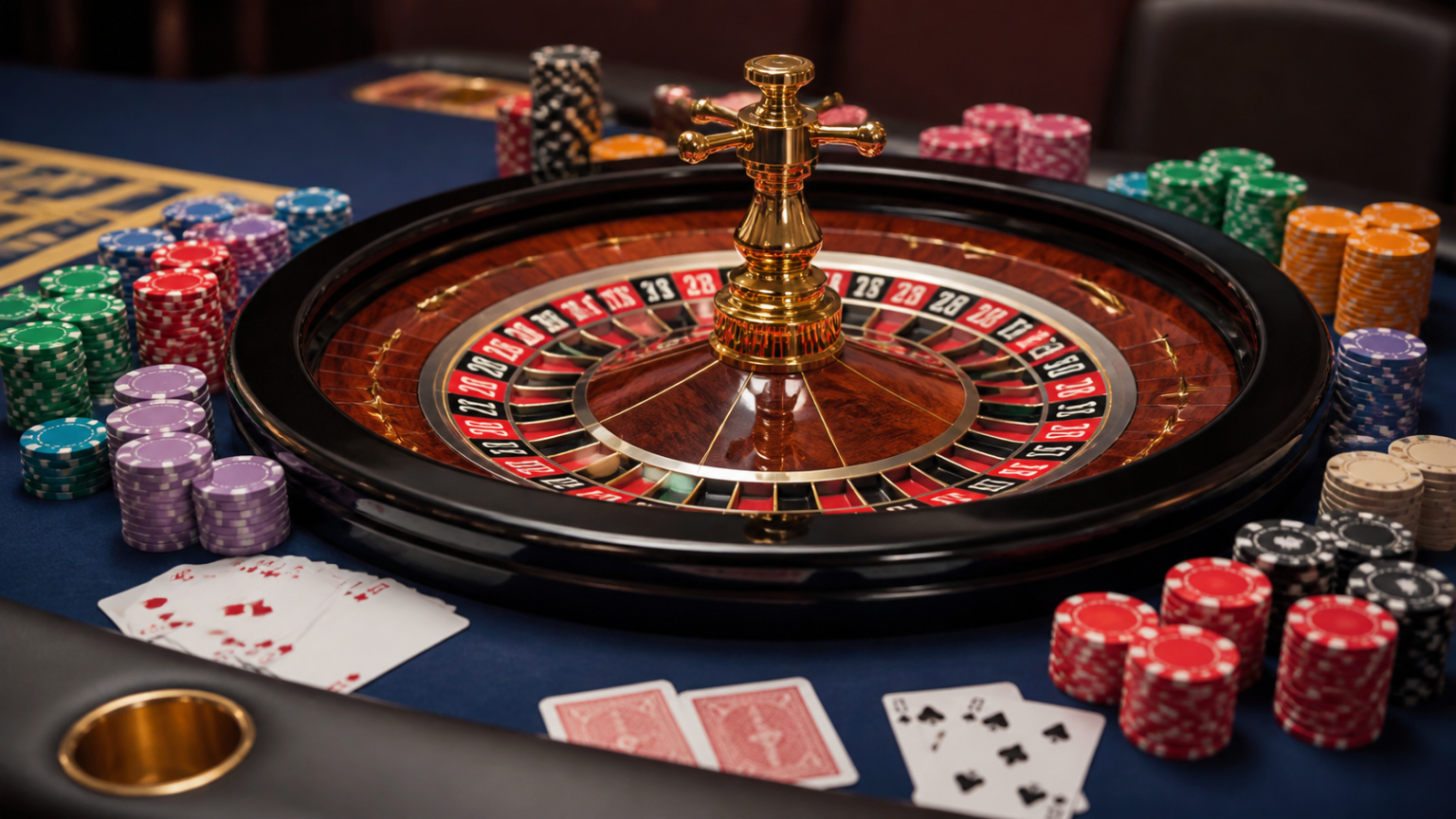 カジノ ライブ初心者向け|基本ルールと楽しみ方をわかりやすく解説 Casino roulette table with chips and cards