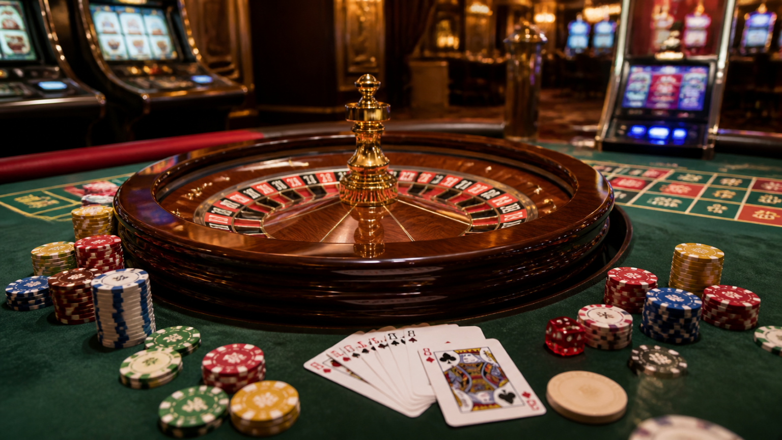 Casino roulette table with chips and cards representing online casino Singapore