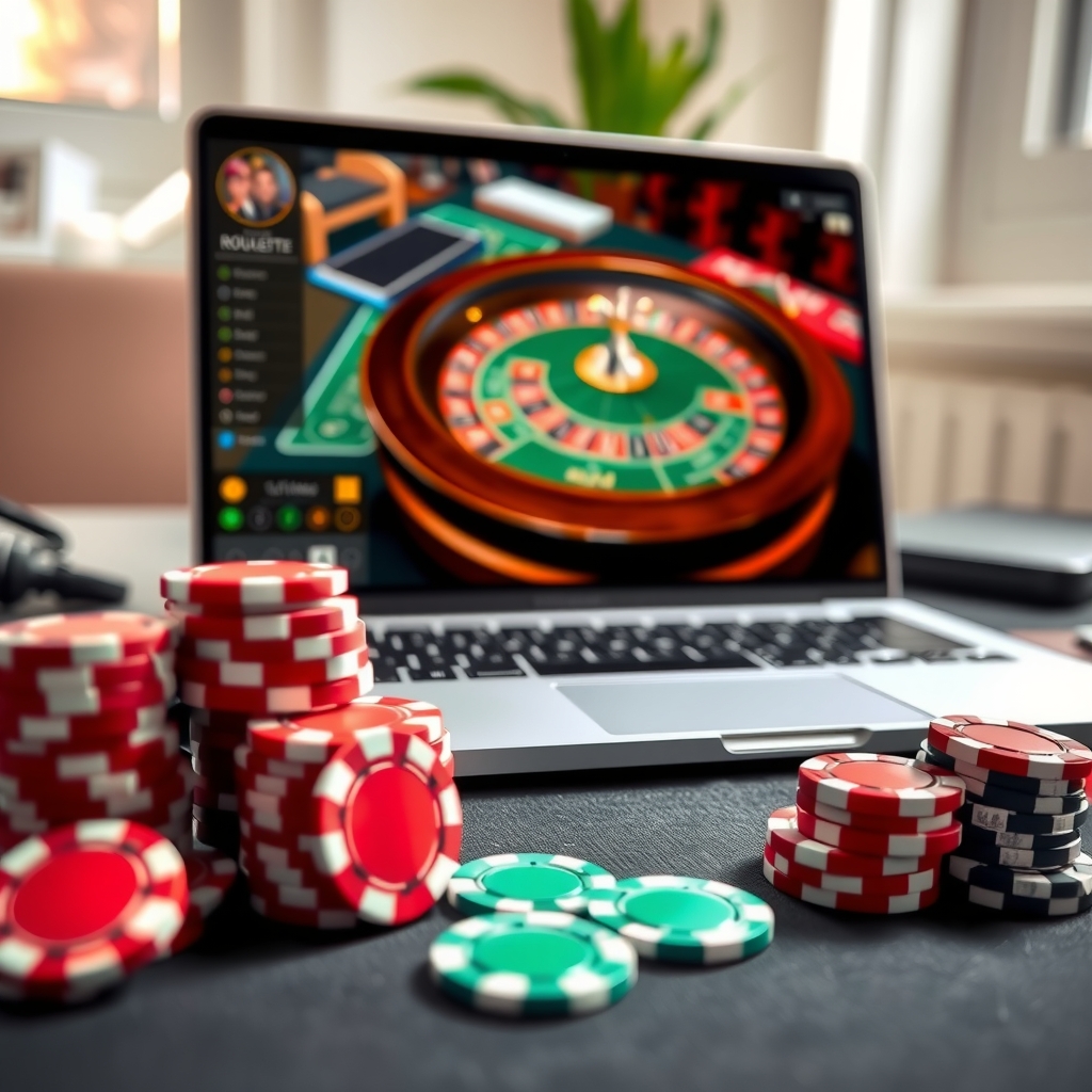 Singapore online casino: A Practical Guide for Adult Players Laptop displaying an online casino roulette game beside physical casino chips