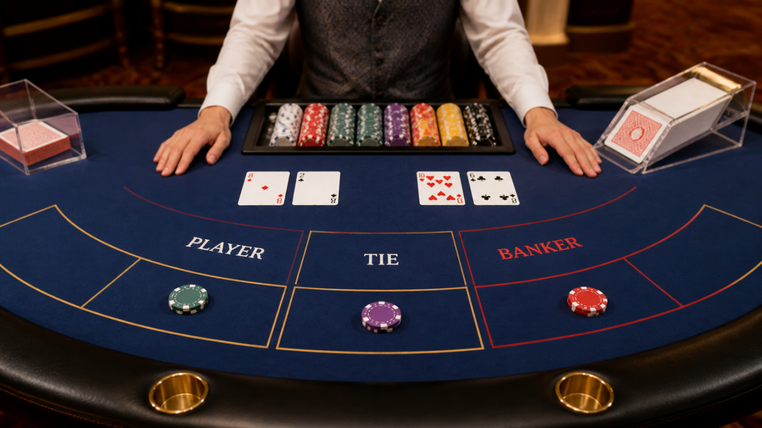 Bàn baccarat với bài, chip và các cửa cược Người chơi, Nhà cái, Hòa