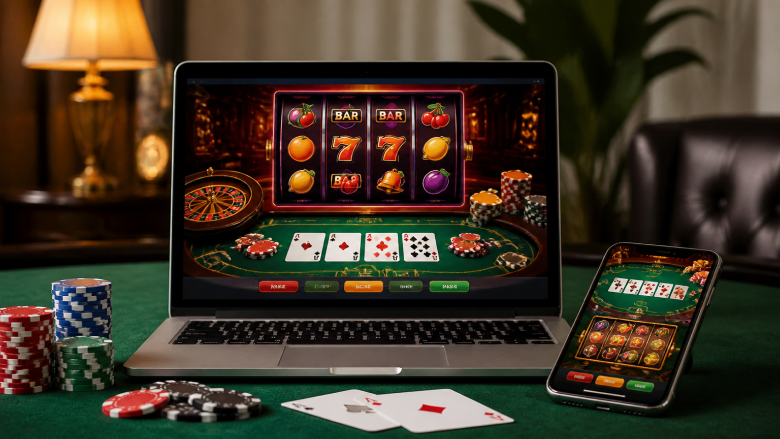 Laptop and smartphone showing an online casino game interface